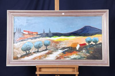 un tableau posé sur un chevalet, avec au premier plan un tableau représentant des moutons