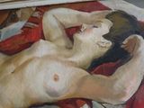 a painting of a nude woman laying on a red blanket