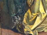 an oil painting of a woman in a yellow dress with a dog