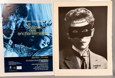two posters of a man with a blindfold and a woman with a mask