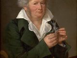 painting of a woman holding scissors in her hands while sitting at a table