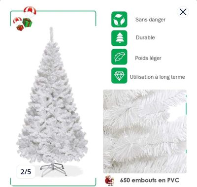 the christmas tree is white and has a red and green decoration