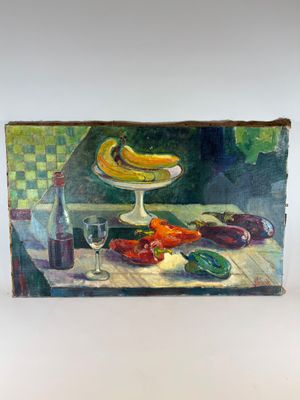 a painting of bananas and peppers on a table