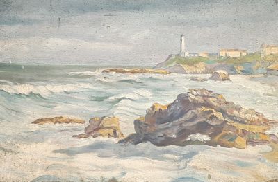 painting of a rocky beach with a lighthouse in the distance