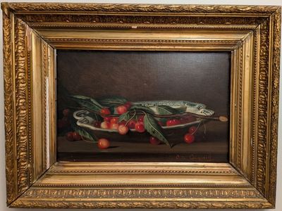 tableau représentant un poisson et des cerises dans un bol posé sur une table