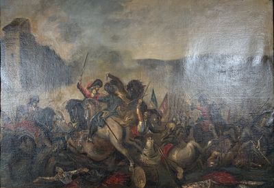 un tableau représentant un homme à cheval au milieu d'une bataille