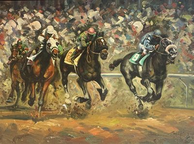 un tableau représentant un groupe de chevaux en pleine course sur une piste