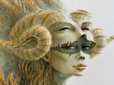un dessin représentant le visage d'une femme avec des cornes sur la tête
