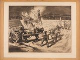 un vieux dessin représentant une calèche tirée par deux hommes