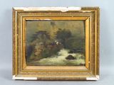an oil painting of a river scene with a bridge in the background