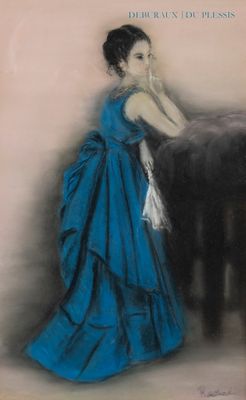 tableau représentant une femme en robe bleue debout à côté d'une vache noire