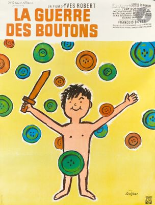 french poster of a boy with a knife and buttons in his hands