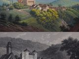 un tableau représentant un château au milieu d'une vallée et un tableau représentant un château au milieu d'une vallée