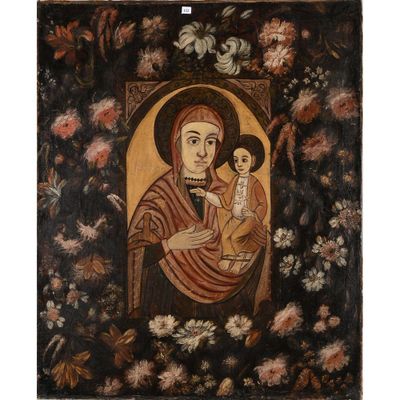une peinture représentant une femme tenant un enfant dans ses bras