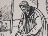 drawing of a man sitting on a boat with a hat on