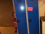 two blue lockers next to each other in a room