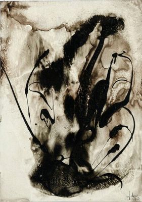 painting of a black and white painting of a cat and a bird