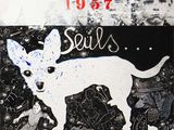 tableau représentant un chien blanc sur fond noir, avec une pancarte rouge et blanche portant l'inscription « À vendre »