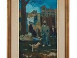 an image of a painting of people and a dog in a park