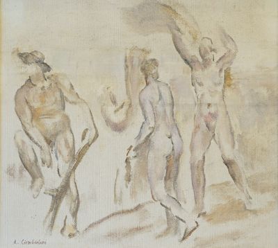 painting of a group of nudes standing in a line with one holding a baseball bat