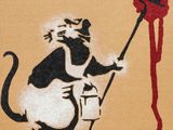painting of a rat with a broom and a rose on a piece of cardboard