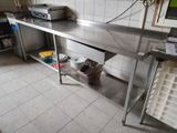 a large stainless steel counter in a commercial kitchen