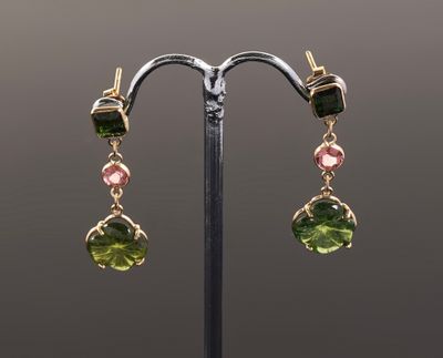 green tourmaline and pink tourmaline drop earrings