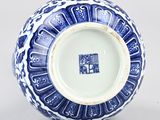 blue and white vase with a design on the outside of it