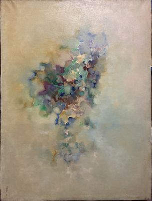 an oil painting of a vase of flowers on a table