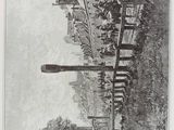 a black and white photo of a train going down the tracks