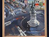 painting of a city intersection with a statue of liberty in the center