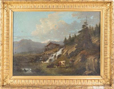 tableau représentant un paysage de montagne avec du bétail paissant près d'un ruisseau