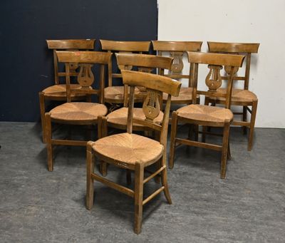 many chairs that are lined up in a room