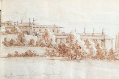 an old drawing of a building with trees in front of it