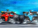 une peinture représentant deux voitures de course sur un circuit