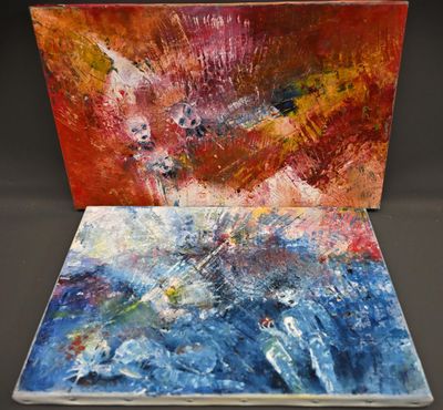 Scènes oniriques XXème - Lot de 2 huiles sur toile.