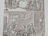 an old print of a group of people sitting around a table