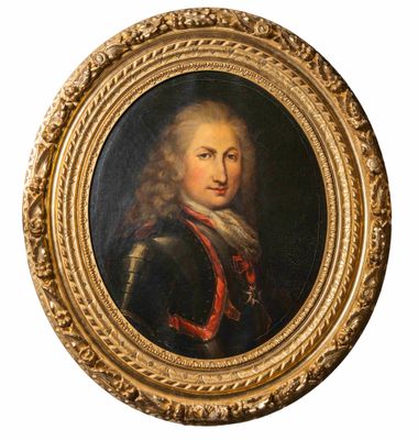 un vieux tableau représentant un homme en armure, dans un cadre doré