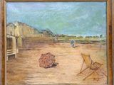 a painting of a beach scene with a chair and umbrella