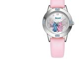 un gros plan d'une montre rose ornée d'un personnage de dessin animé