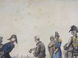 a drawing of a group of people standing in front of a building