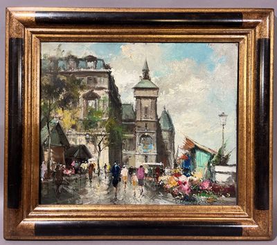an oil painting of a city street scene with people walking by