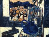 tableau représentant un vase bleu avec des fleurs posé sur une chaise devant une fenêtre