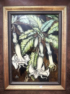 an oil painting of a plant with white flowers in a brown frame