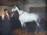 tableau représentant un cheval blanc mené par un homme dans une écurie