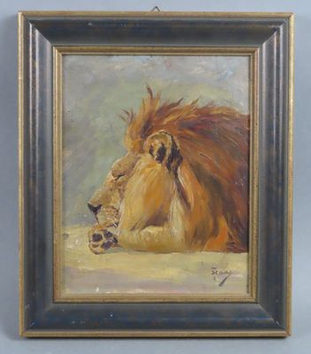 an oil painting of a lion laying down on the ground