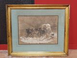 tableau représentant un groupe de chevaux dans un paysage enneigé, avec un mur rouge en arrière-plan