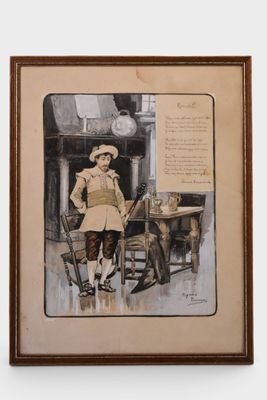 painting of a man sitting in a chair next to a table with a dog