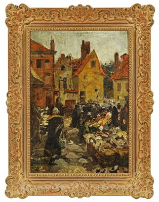 a painting of a street scene with a market scene in the foreground