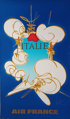 l'image d'une affiche bleue sur laquelle figure, au centre, l'image d'une paire de ciseaux